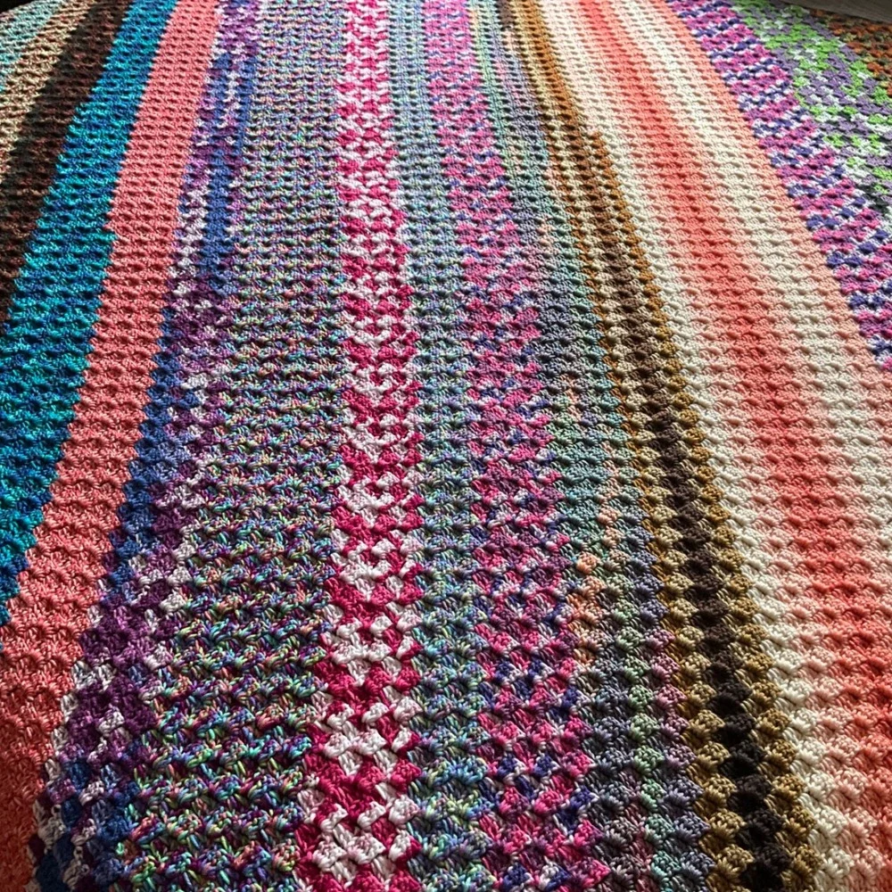 Handmade‎ Crochet Striped Blanket Multi Color Boho Cozy Cottagecore Grannycore